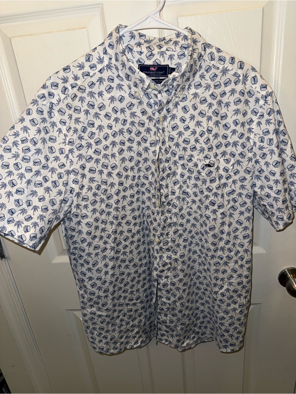Vineyard Vines White Short Sleeve Button-Down with Blue Palm & Shell Print Sz Lg